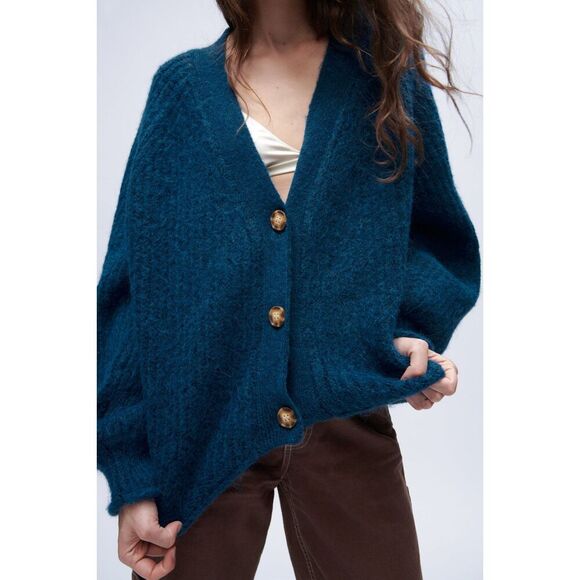 Teal Blue Zara Chunky Knit Button Front V-Neck Cardigan Sweater (NWT) - Picture 2 of 13